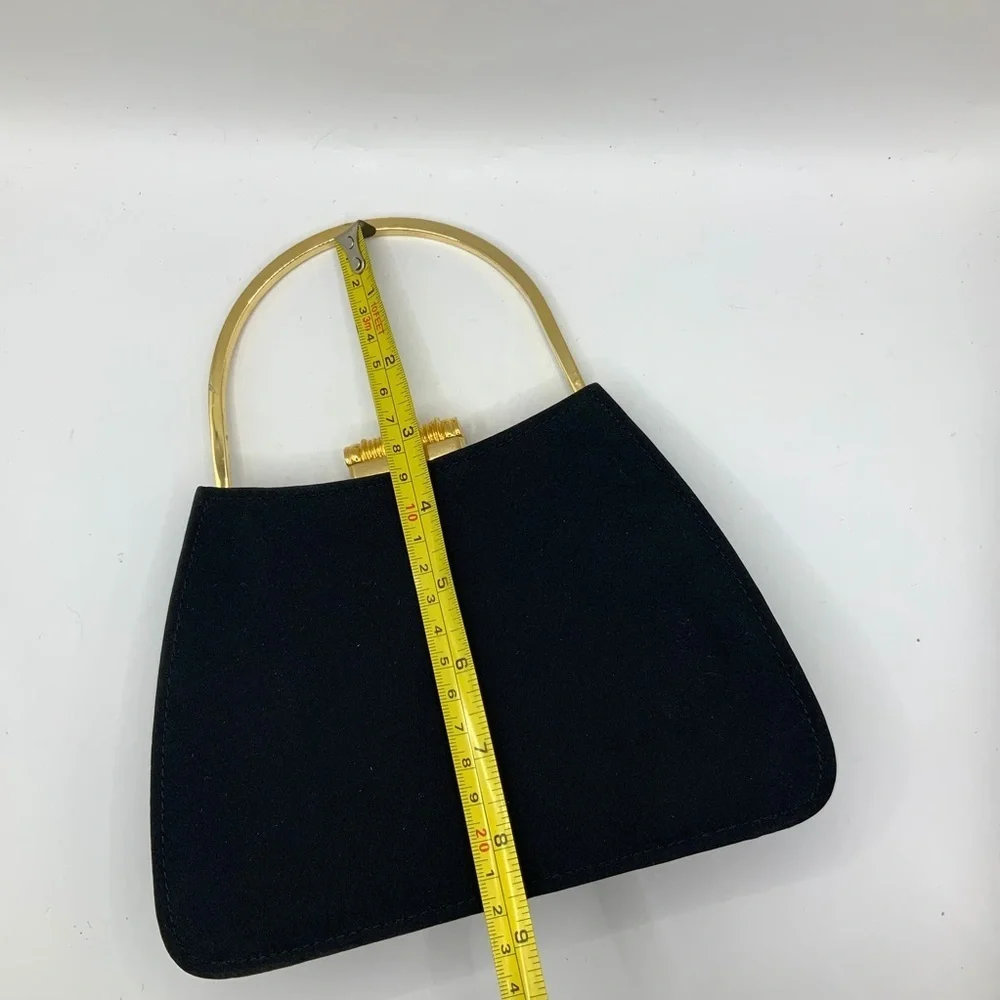 Y&S Vintage Elegant Black Satin Gold Accents Crystal Embellished Clasp Handbag
